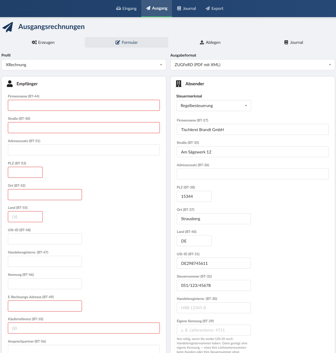 Das Rechnungsformular in xml-rechnung.eu: oben die Auswahl von Profil (XRechnung) und Ausgabeformat (ZUGFeRD, PDF mit XML), darunter die Felder für Empfänger und Absender, jedes mit der Nummer seines Business Terms. Noch fehlende Pflichtfelder sind rot markiert; der Absenderblock ist aus den Stammdaten vorbelegt und erklärt unter „Eigene Kennung“, wann sie nötig ist.